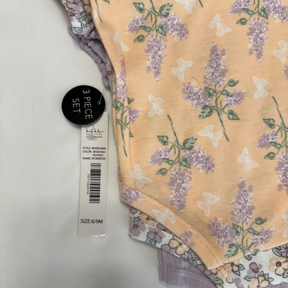 Nicole Miller 3-Piece Baby Girl Bodysuit Onesie Set - Peach and Lilac 6-9 months - Picture 12 of 16
